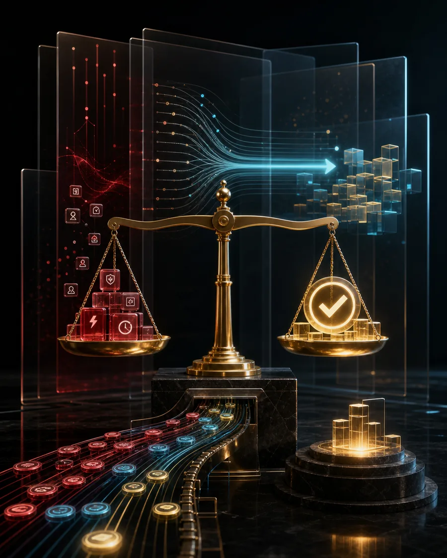 AI editorial illustration balancing AI cost, reliability, and completed work