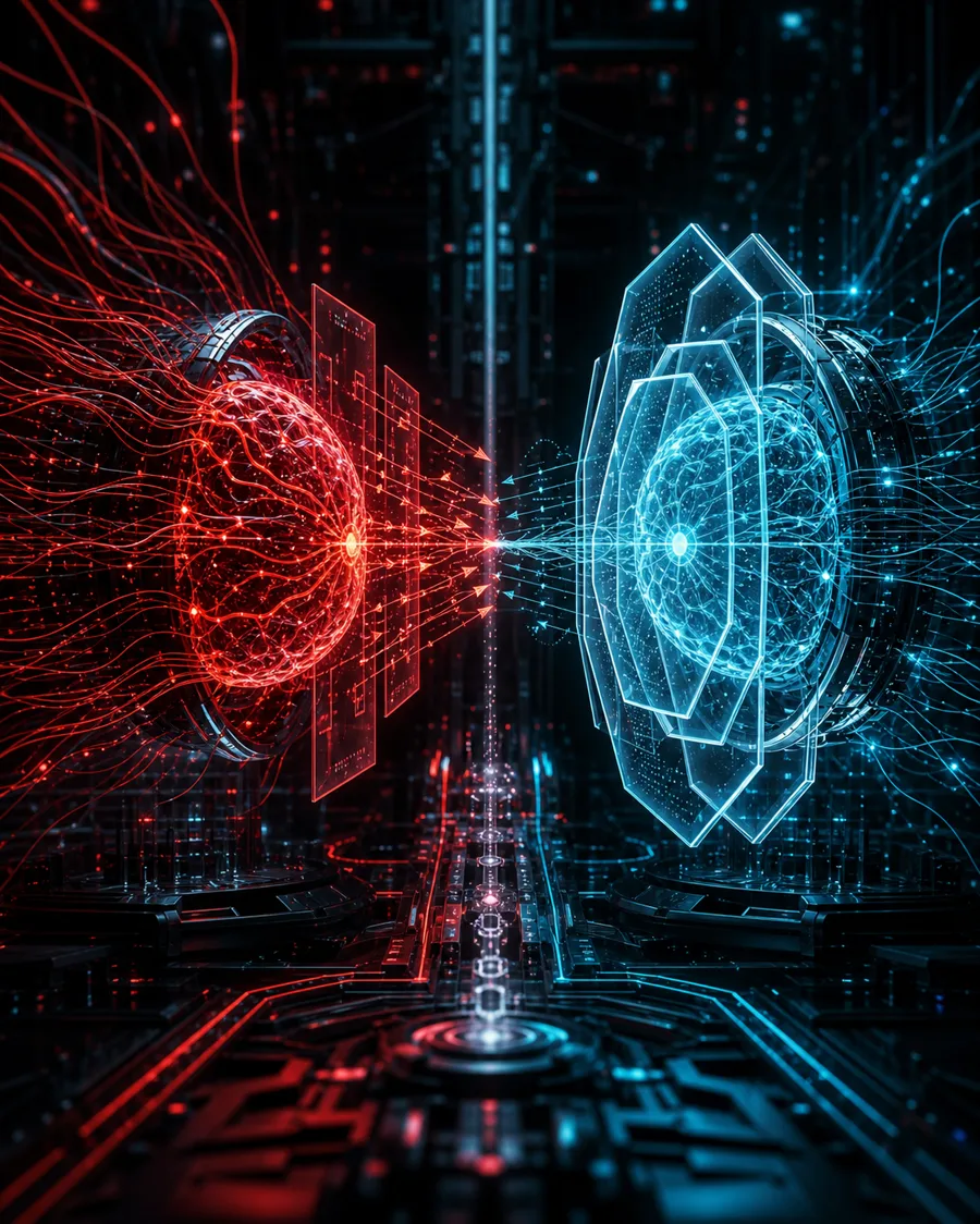 AI safety editorial illustration of attacking and defending models