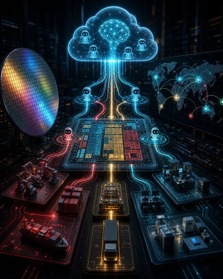 Editorial illustration of cloud AI agents connecting chip design and global operations