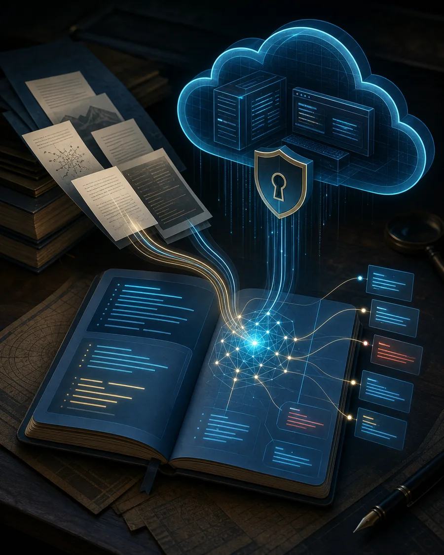 AI editorial illustration of documents, code, and citations flowing into a secure research notebook