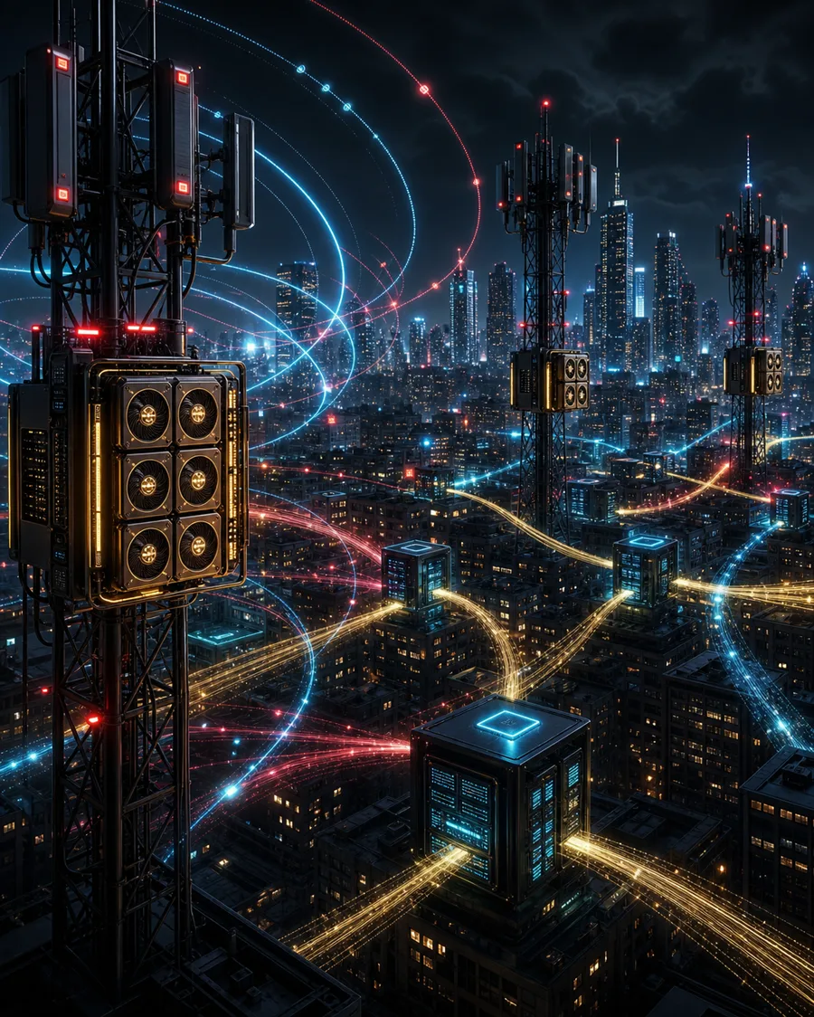 AI editorial illustration of city radio towers sharing edge compute