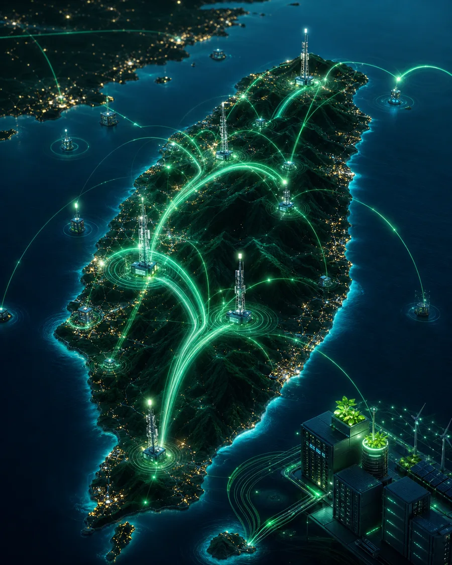 Editorial illustration of island-wide 5G and energy-efficient AI networking in Taiwan
