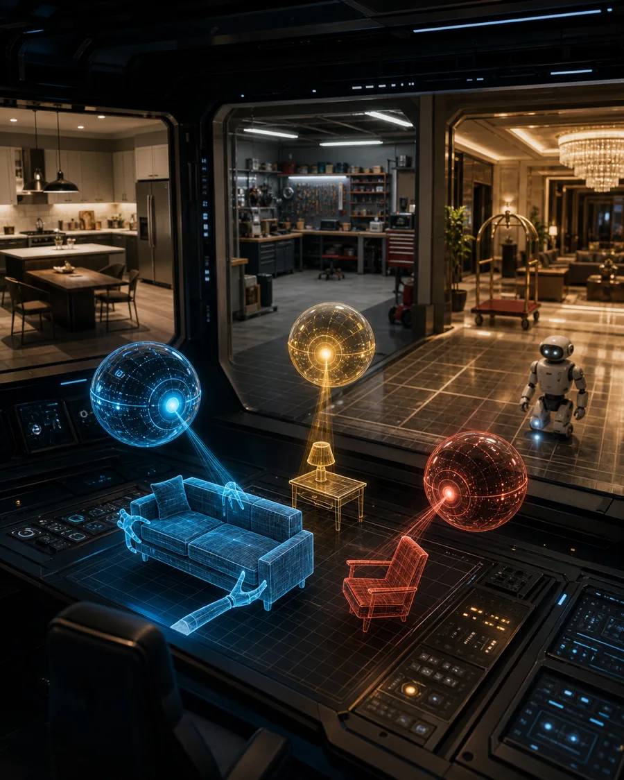 Editorial illustration of three AI agents building virtual training rooms for a robot
