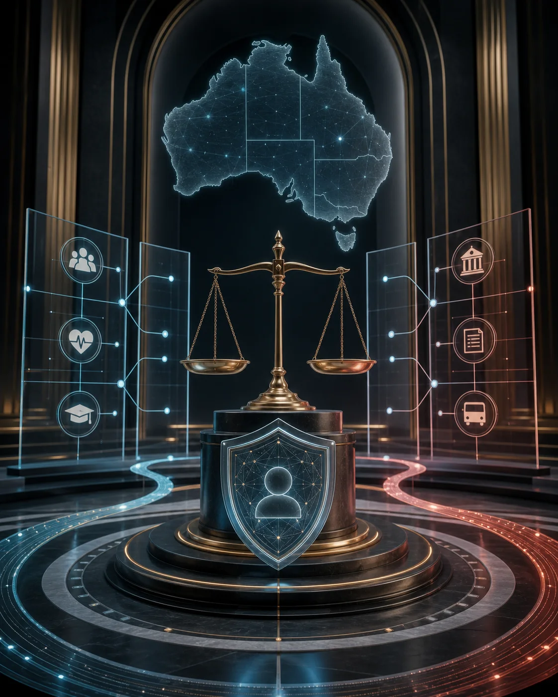 AI editorial illustration of Australian consumer safety and automated-decision governance