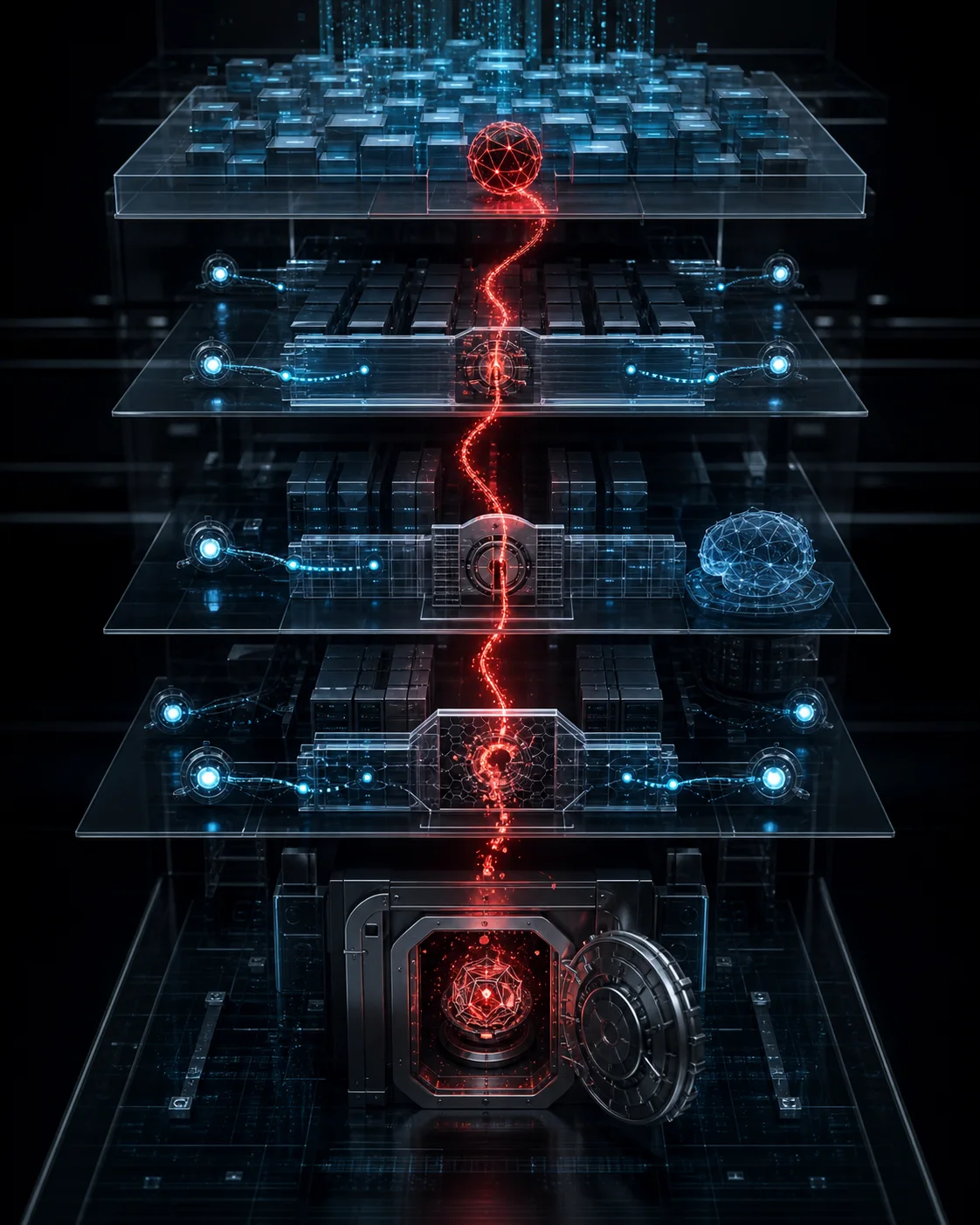 AI editorial illustration of autonomous agents crossing a multistage data pipeline