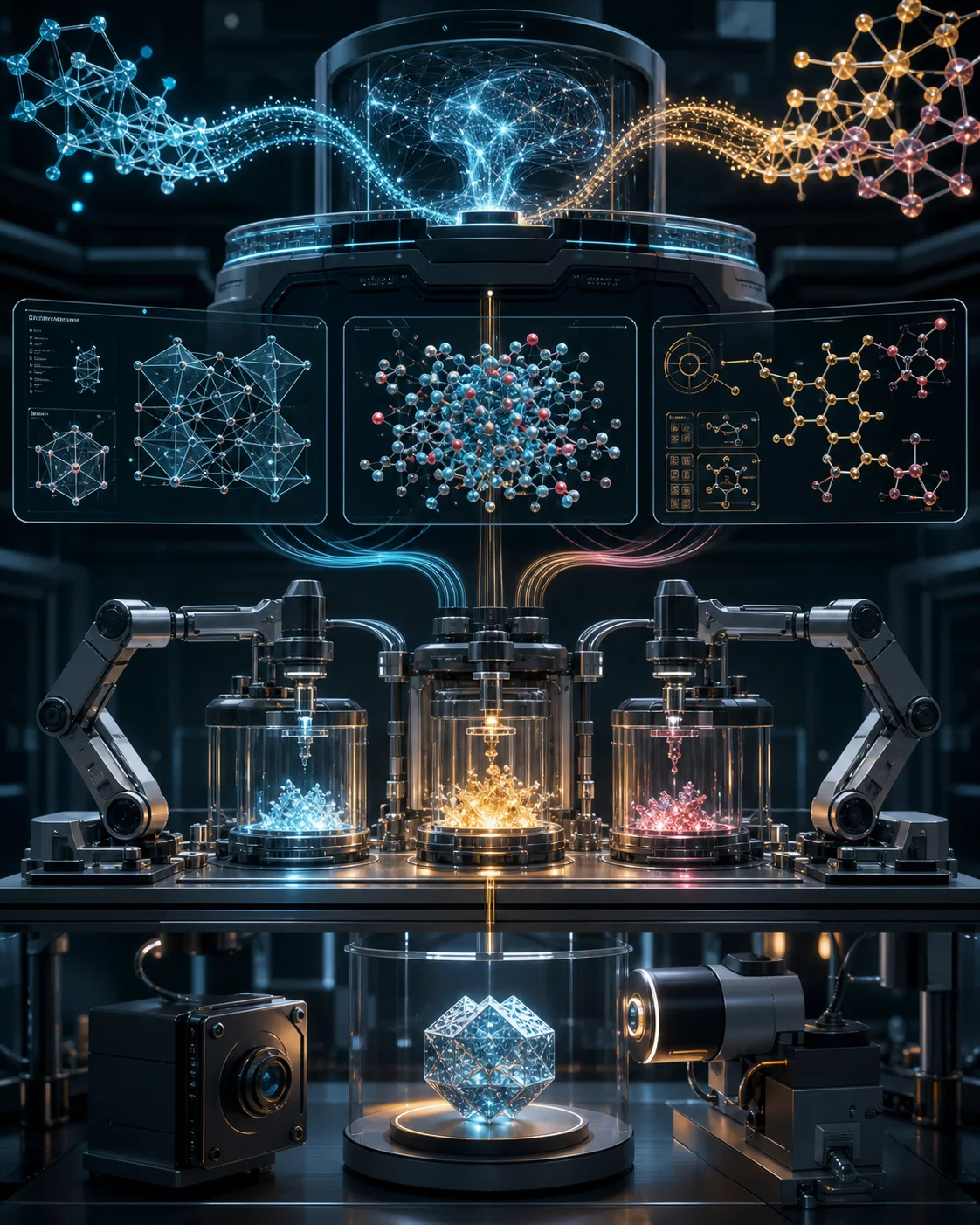 AI editorial illustration connecting materials design, simulation, synthesis, and validation