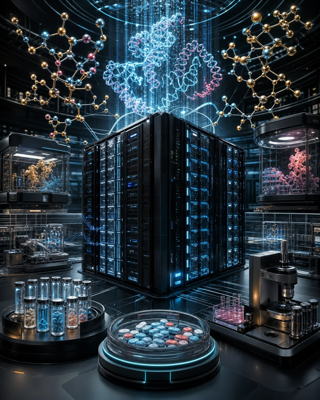 AI editorial illustration of a supercomputing center supporting drug research