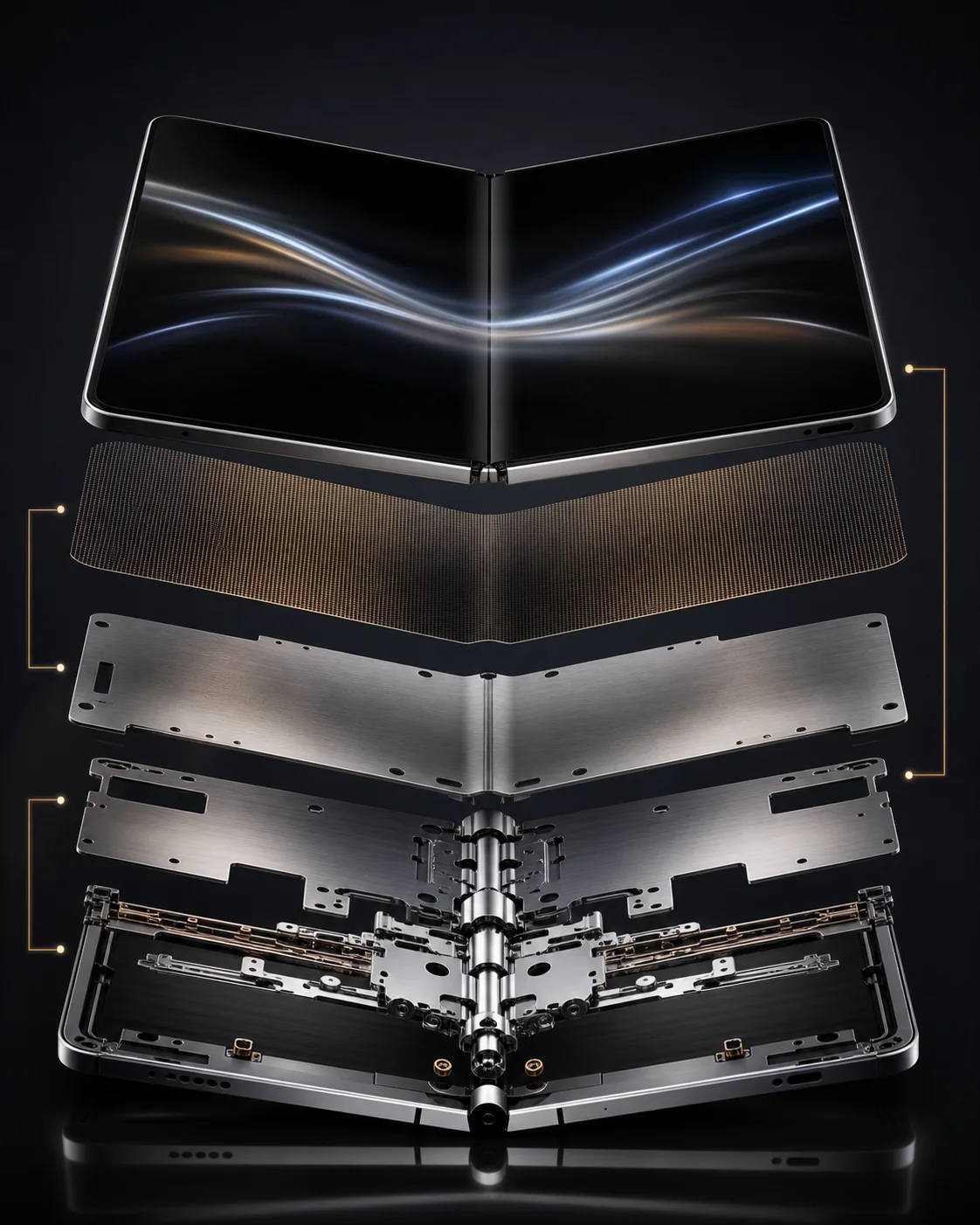 AI editorial illustration of a two-layer titanium foldable-display structure