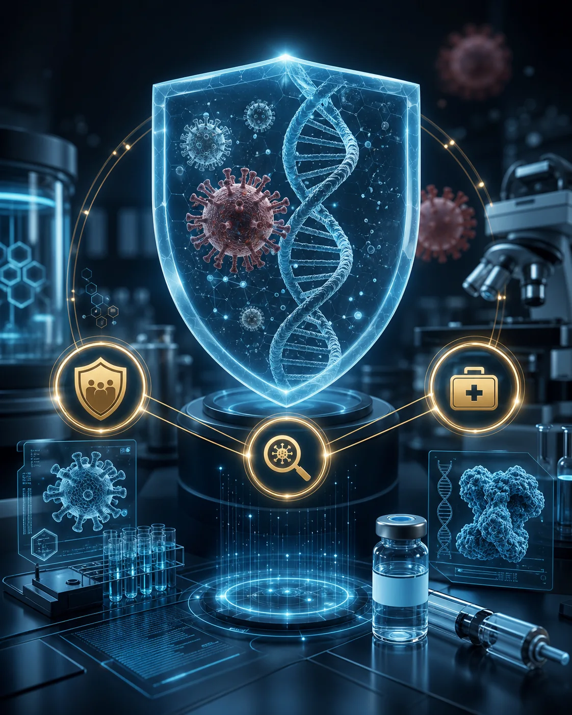 AI editorial illustration of prevention, detection, and response for bioresilience