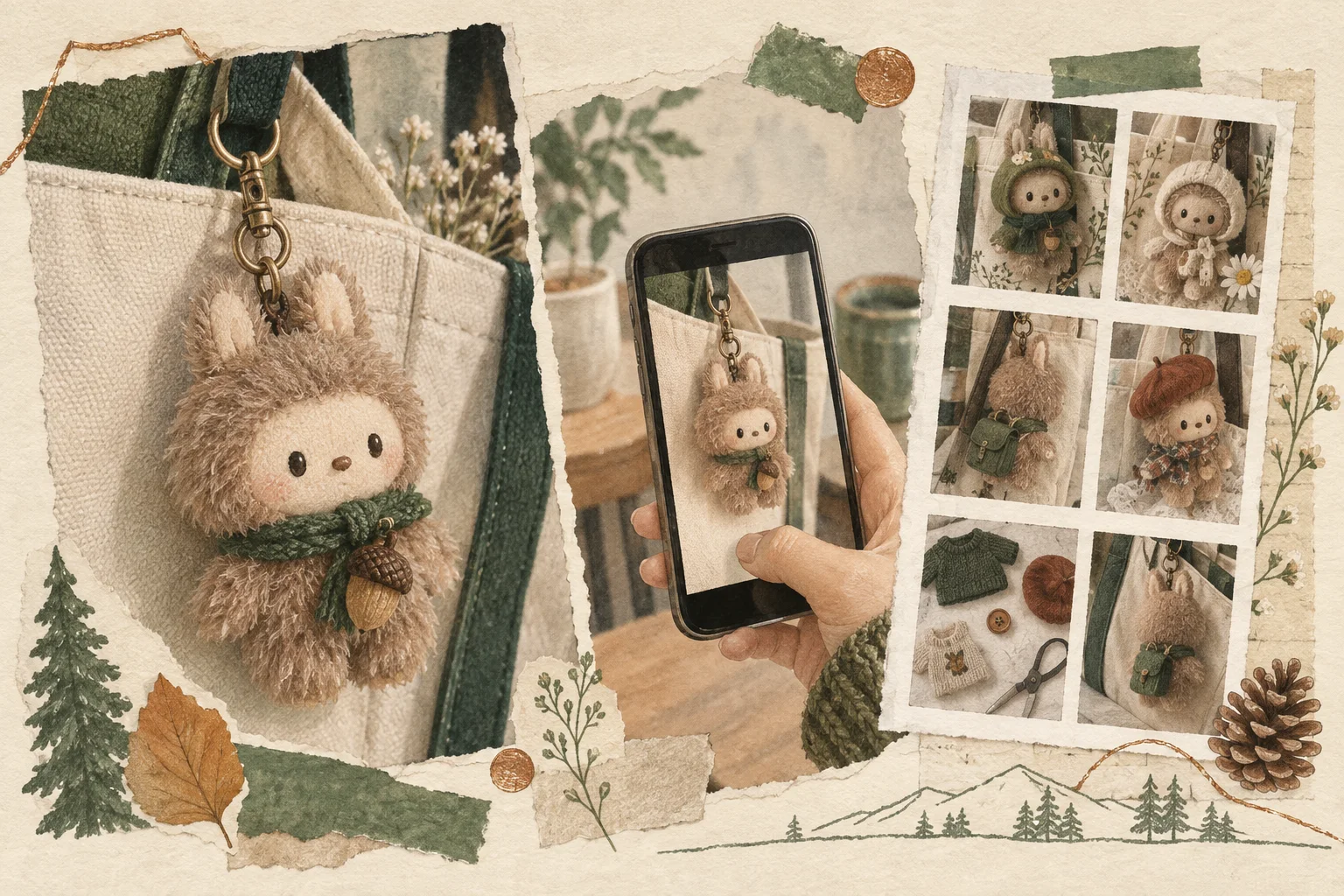 Original-Collage-Illustration: Der Taschenanhänger ist fotografiert, daneben mehrere schematische Fotos von Outfits und Modifikationen