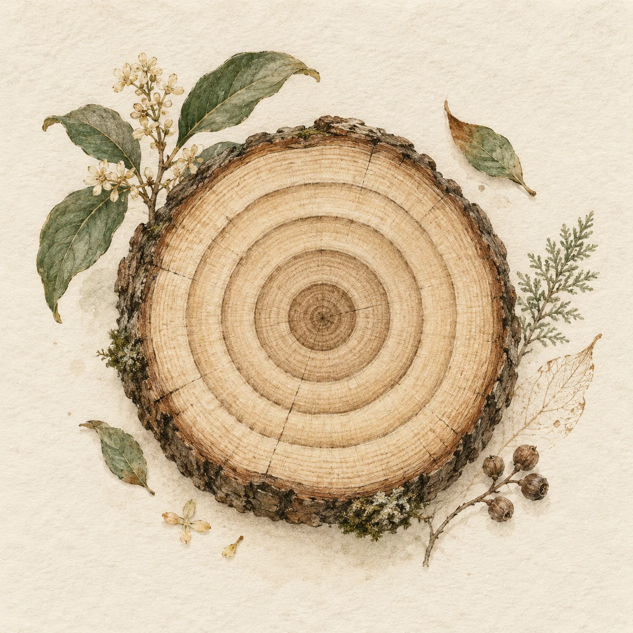 Handbemalte Jahresringe mit Holzmaserung, die die Anhäufung der Zeit in Labubu von 2015 bis 2025 symbolisieren